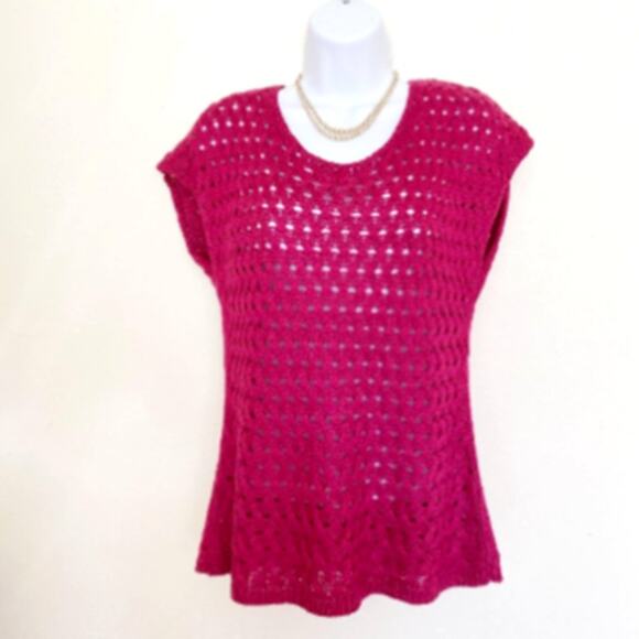 COLDWATER CREEK Fuchsia Crocheted Knit Short Sleeve Sweater, S / 8 - Picture 3 of 9